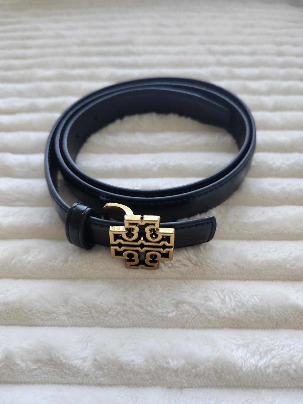 Tory Burch Black Leather Belt Gold Tone Double T Logo Buckle Skinny Authentic